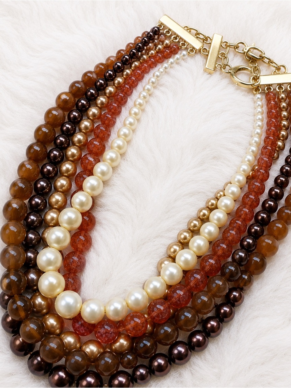 Vintage Necklace Women’s Faux Layered Pearls Brown Ivory Rust Chocolate